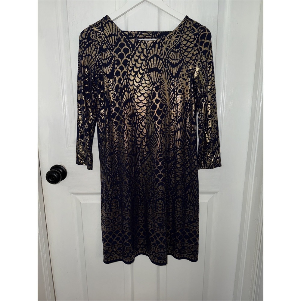 Lilly‎ Pulitzer Ophelia Swing Dress Navy Metallic Gold Tails Of The Sea XS